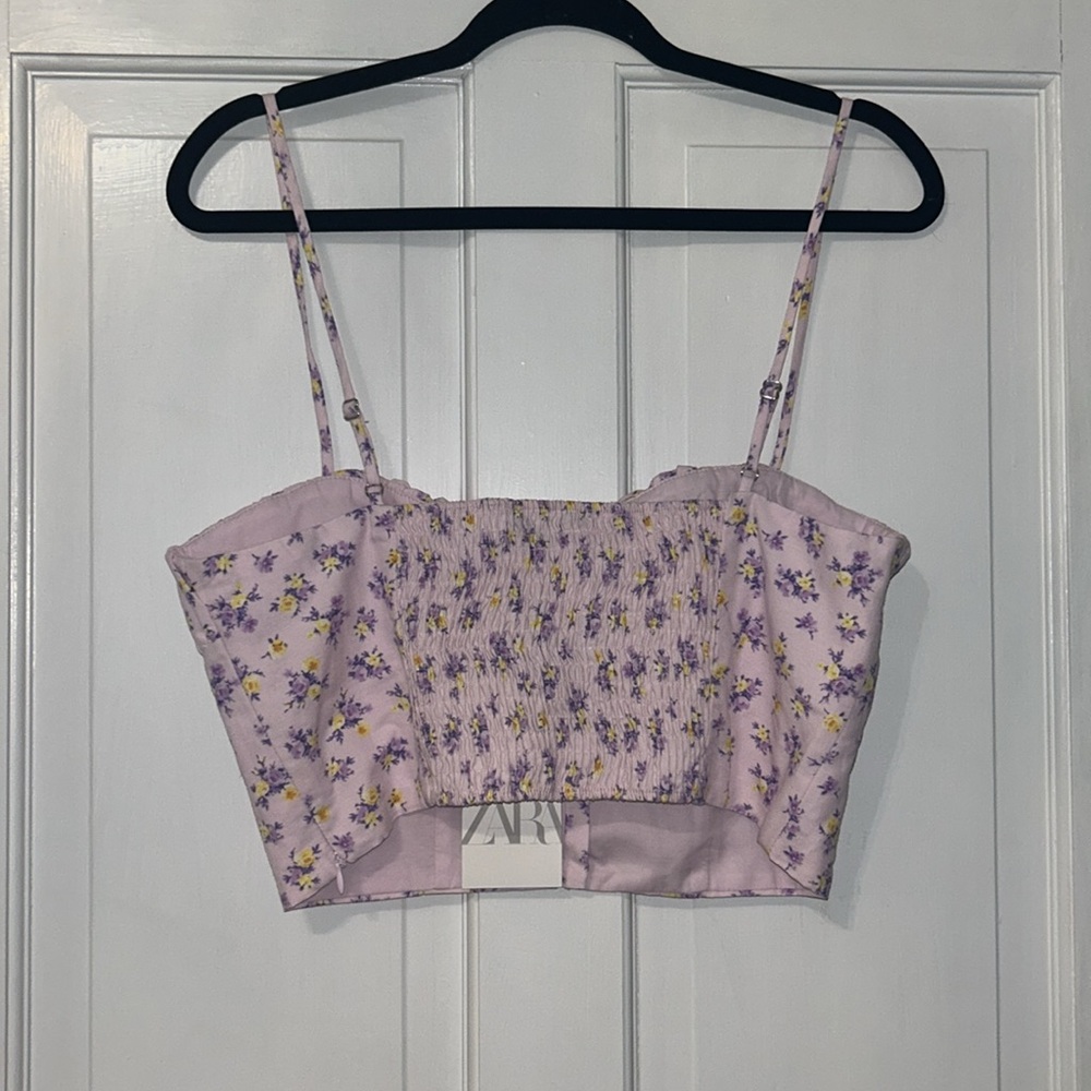 ZARA Multicolored Floral Spaghetti Strapped Crop Top Stretchy Blouse Size L NEW - Picture 7 of 7